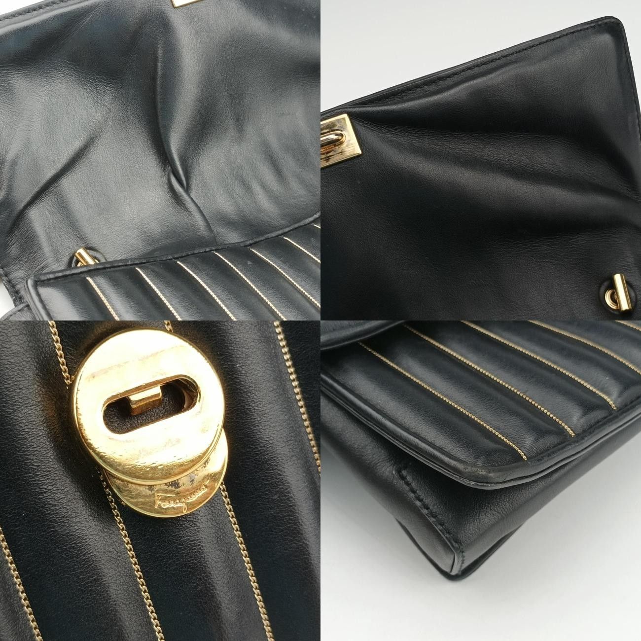 フェラガモFerragamoヴァラ ロゴ リボン ストライプ ブラック レザー AU-21/F164