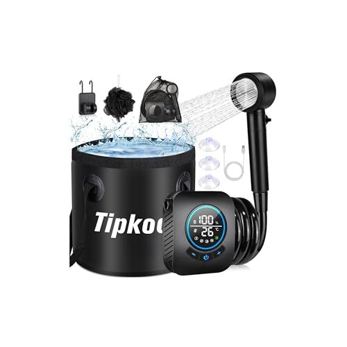 ポータブルシャワー Tipkook 【USB充電式 8000mAh】キャンプ 電動シャワー 20L折りたたみ式バケツ付 5段階のスピード調整 デ ジタル画面 水流量無段階調節 収納袋付き 簡易シャワー 浴槽から汲み上げ 海水浴 サーフィン 旅行 水遣り 洗車★