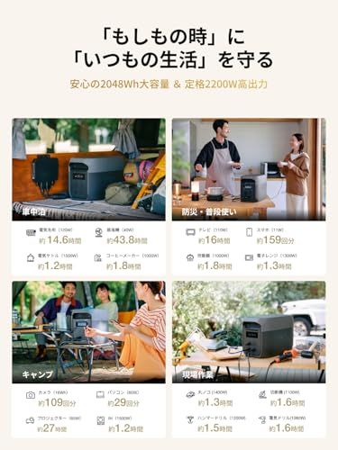EcoFlow ポータブル電源 DELTA 3 Max 2048Wh 大容量 2000W定格出力 (瞬間最大4400W) エコフロー リン酸鉄リチウム 10年長寿命 車中泊・アウトドア・防災・停電対策に最適 純正弦波 AC出力 アプリ遠隔操作対応ys