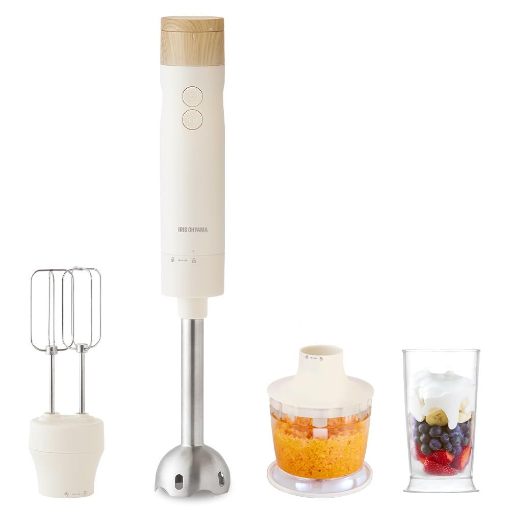 ☆新品☆アイリスオーヤマ ハンドブレンダー マルチスティック ブレンダー 離乳食 ミキサー スムージー 1台4役 (混ぜる 潰す 泡立てる 刻む) スタンド付き おしゃれ プレゼント かわいい チョッパー カップ スティック 泡だて器 みじん切り 操作簡単 ア