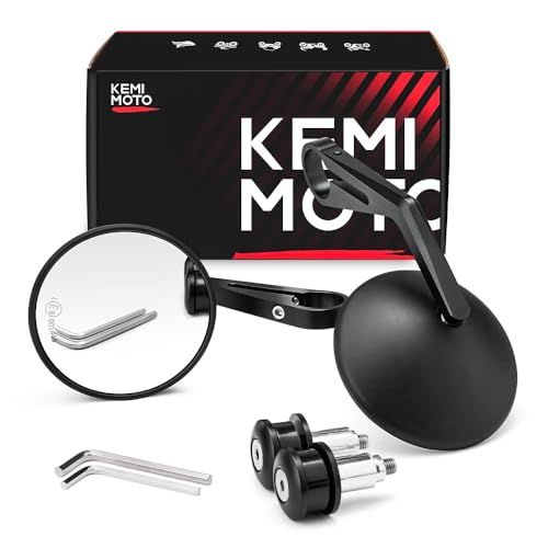 KEMIMOTO バーエンドミラー オートバイミラー バイク用 ミラー CNC加工 汎用ミラー ブラック 左右セット 車検対応 凸面鏡 丸型 KM082★
