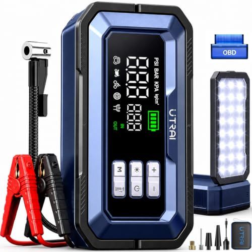 UTRAI ジャンプスターター 6000A 大容量 【6in1多機能】エアコンプレッサー 150PSI OBD2車両診断 折りたたみ式ハンドル 2種類LEDライト 12Vガソリン車全排気量・ディーゼル車12L以下対応 QC3.0急速充電 PSE認証Ju