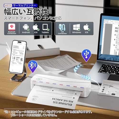 ☆新品☆【2026年新型】Phomemo サーマルプリンター A4幅 M836 小型モバイルプリンター スマホ対応 PC対応 304dpi 感熱 ビジネス向け 幅：A4/A5/A6/A7/A8 多サイズ HD モノクロ印刷 充電式 PDF Word Excel