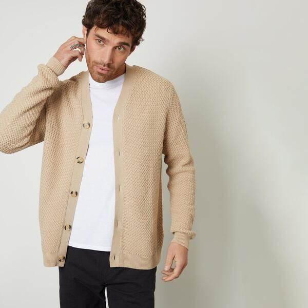 スリードベア メンズ アウター ニット・セーター Vネック カーディガン Threadbare Basket Stitch Vneck Cardigan Brown ブラウン