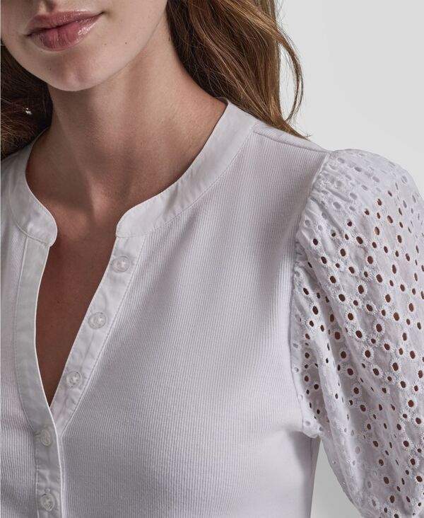 ダナキャランニューヨーク レディース トップス シャツ パフスリーブ DKNY Jeans Womens PuffSleeve Henley Top Clover White ホワイト