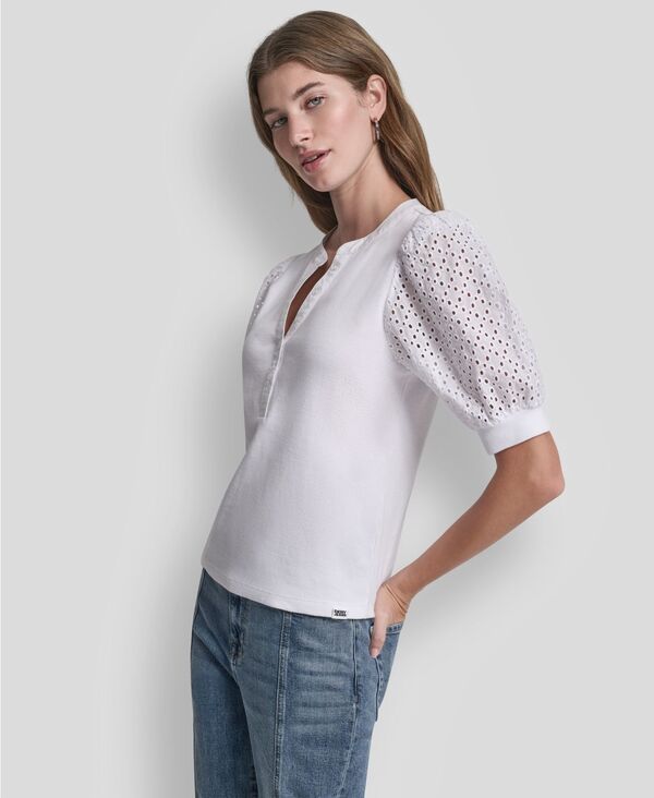 ダナキャランニューヨーク レディース トップス シャツ パフスリーブ DKNY Jeans Womens PuffSleeve Henley Top Clover White ホワイト