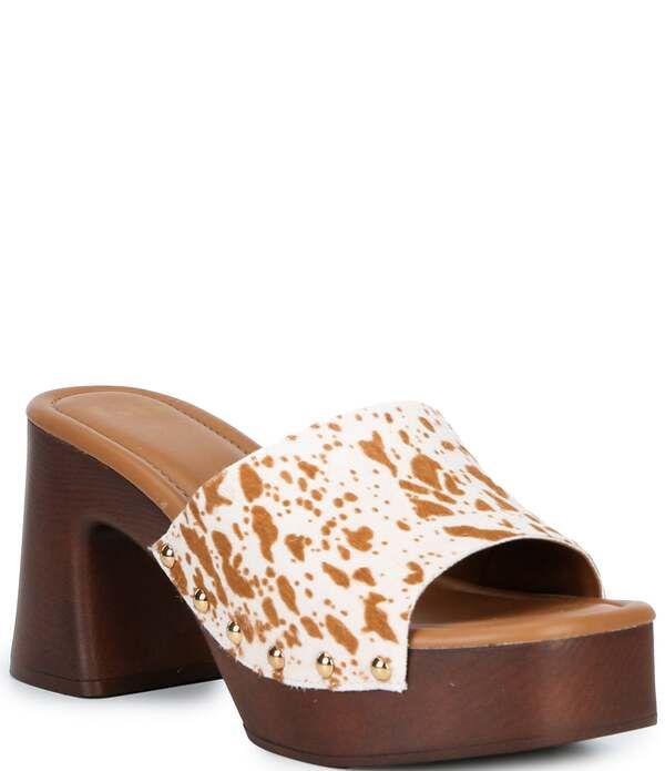 ジービー レディース シューズ サンダル プラットフォーム プリント GBuckAroo Speckled Cow Print Haircalf Wood Platform Sandals Tan タ