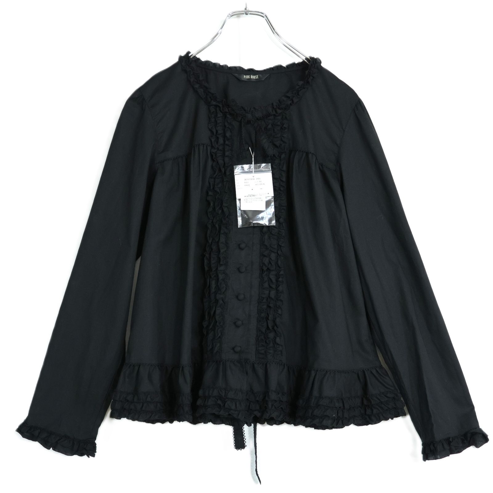 【極美品・紙タグ有】ピンクハウス★フリル使い♪ふんわりローンブラウス リボン 大きいサイズL 黒系 前開き 残布有 無地 z21850