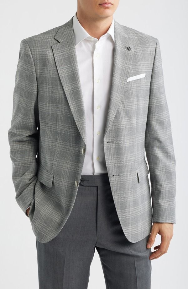 ボス メンズ アウター ジャケット・ブルゾン スリムフィット コート BOSS Hutson Slim Fit Grey Plaid Sport Coat Open Grey グレー