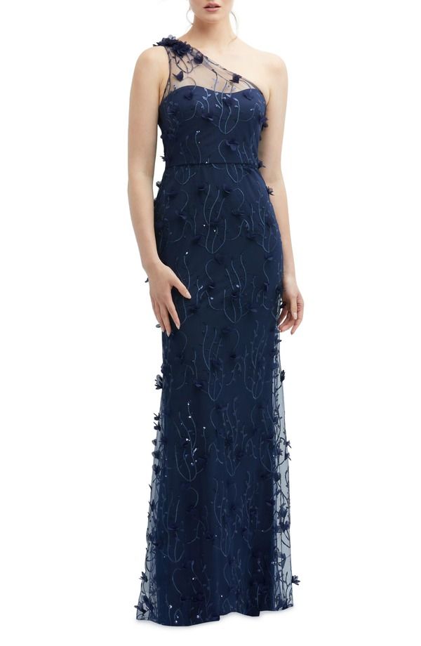 ドレッシーコレクション レディース トップス ワンピース フラワー柄 ワンショルダー フラワー Dessy Collection Floral Appliqu OneShoulder Gown Mid