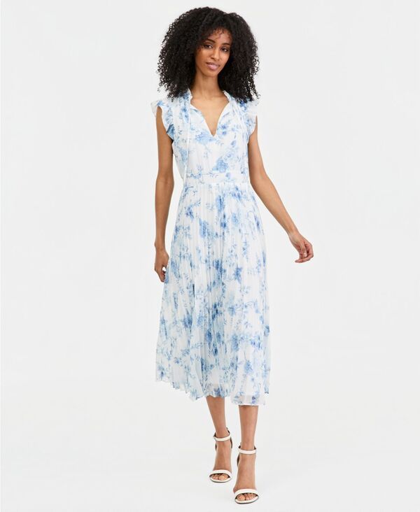 アンクライン レディース トップス ワンピース プリーツ ミディ Anne Klein Womens Pleated FlutterSleeve Midi Dress Crisp White Mult