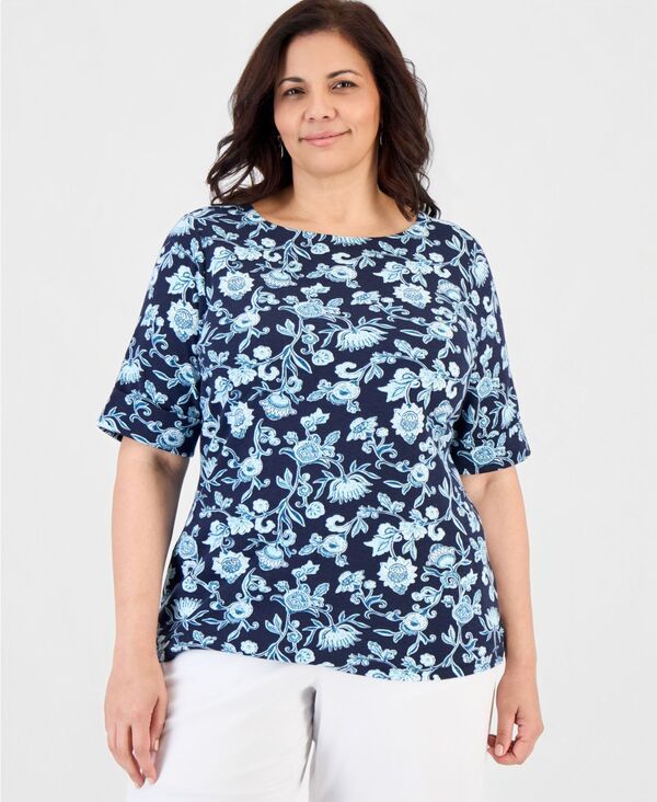スタイルアンドコー レディース トップス シャツ プリント Style Co Womens Printed BoatNeck ElbowSleeve Top Industrial Blue ブルー