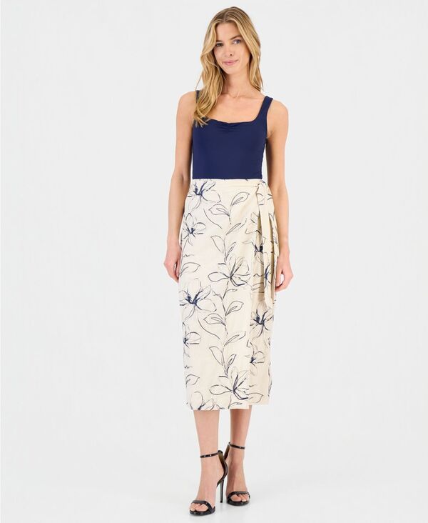 アンクライン レディース ボトムスカート プチ ミディ 刺繍 リネン Anne Klein Womens LinenBlend Embroide red FauxWrap Midi Skirt Reg