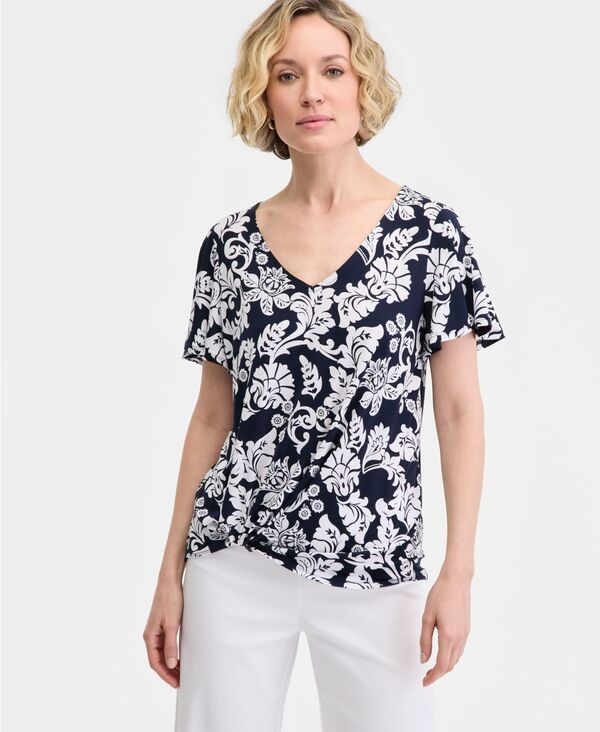 ジェイエムコレクション レディース トップス シャツ Vネック プリント JM Collection Womens Printed Short Sleeve VNeck TwistFrontop In