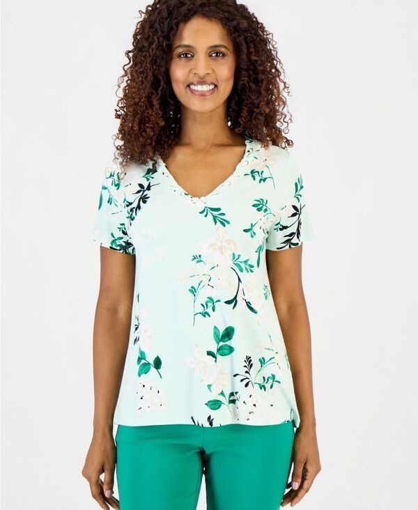 ジェイエムコレクション レディース トップス シャツ Vネック プリント ニット JM Collection Womens Printed Grommet Knit Vneck Top Glacier