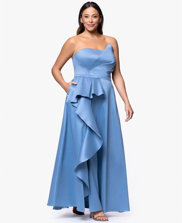 エスケープ レディース トップス ワンピース フリル サテン ストラップレス XSCAPE Womenstraplesside Ruffle Satin Ball Gown Slate スレート