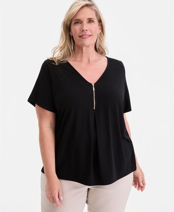 ジェイエムコレクション レディース トップス シャツ Vネック プリーツ JM Collection Womens VNeck FrontZipleated Top Deep Black ブラック