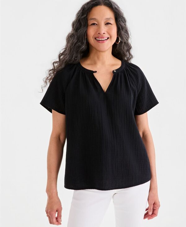 スタイルアンドコー レディース トップス シャツ コットン Style Co Womens Cotton Gauze FlutterSleeve Top Deep Black ブラック