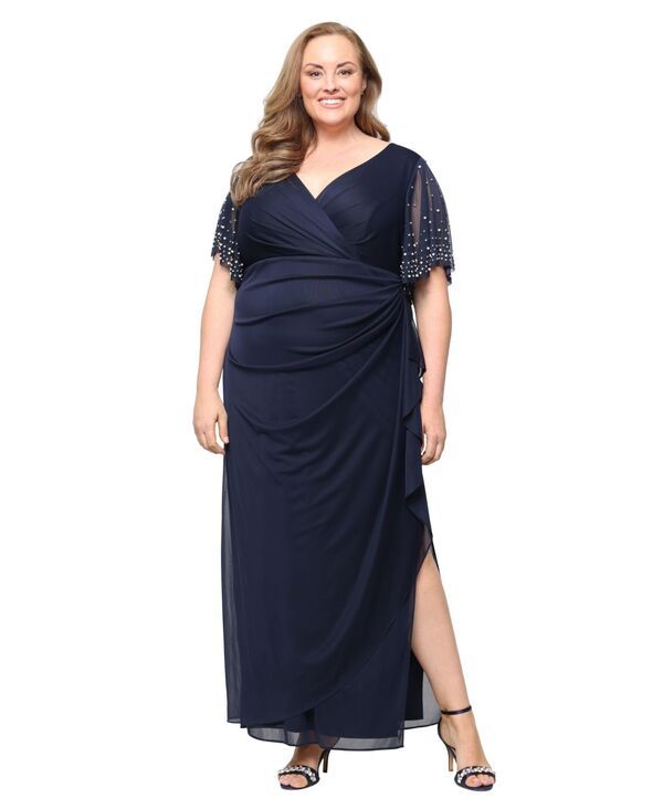 アレックスイブニングス レディース トップス ワンピース Alex Evenings Womens Embellished FlutterSleeve Long Dress Navy ネイビー