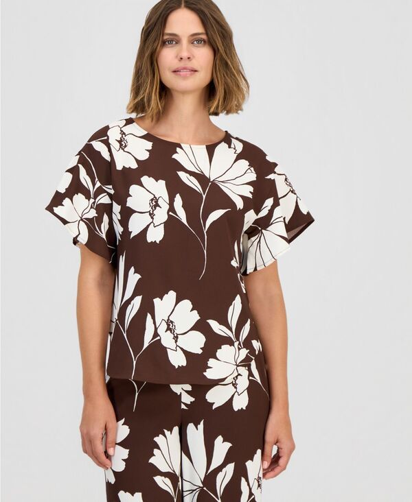 アンクライン レディース トップス シャツ プチ Anne Klein Womens FlutterSleeve BoatNeck Top Regular Petite Dark Chocolate