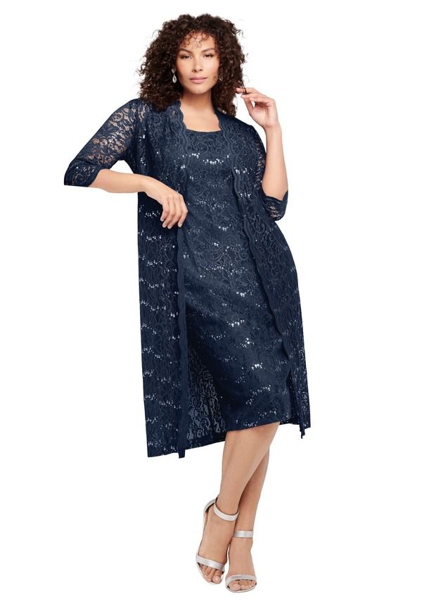 ロアマンズ レディース トップス ワンピース プラスサイズ スパンコール レース Roamans Plusize 34 Sleeve Formal Duster Sequin Embellished