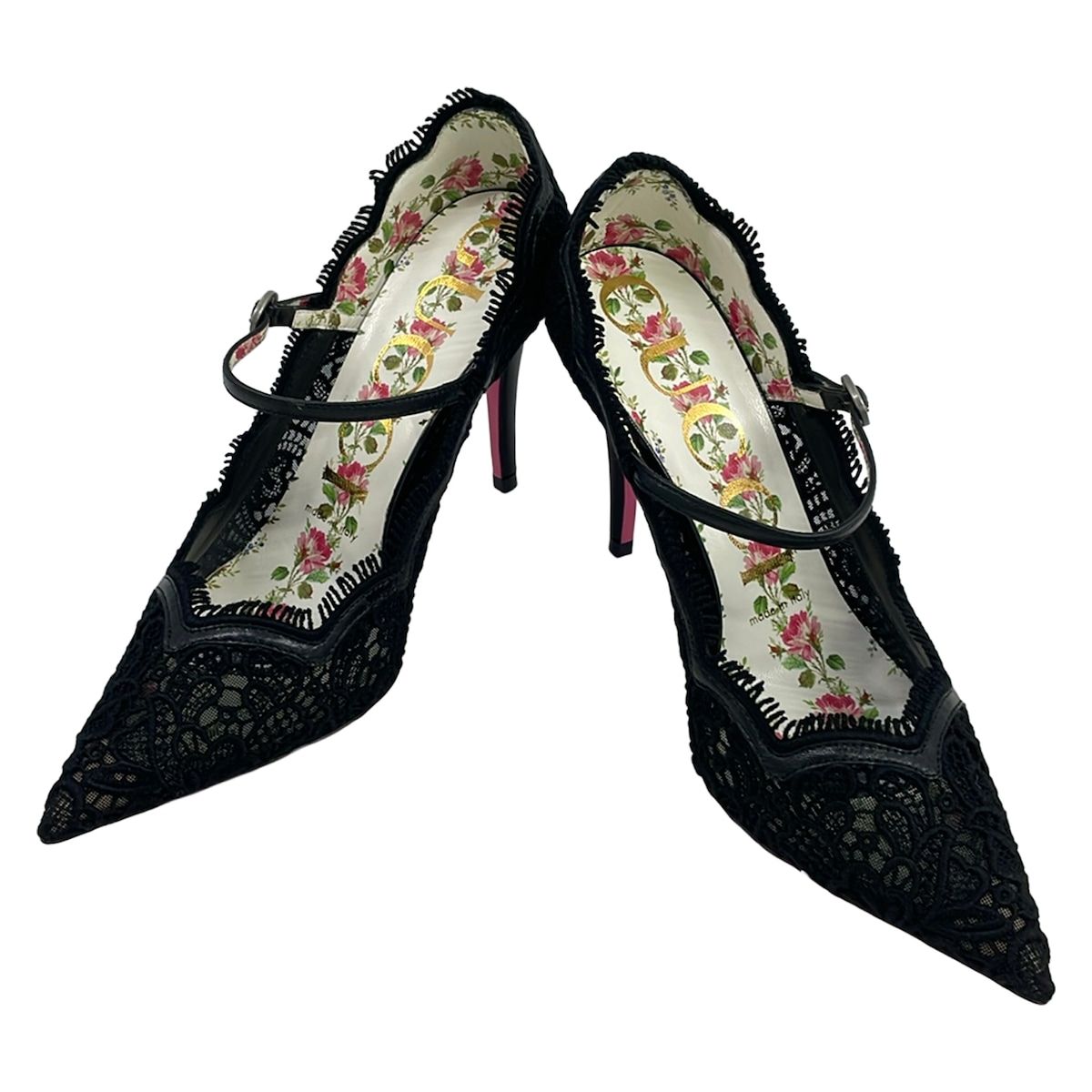 GUCCI(グッチ) パンプス 36 レディース - 黒 レース/花柄/ラインストーン レザー