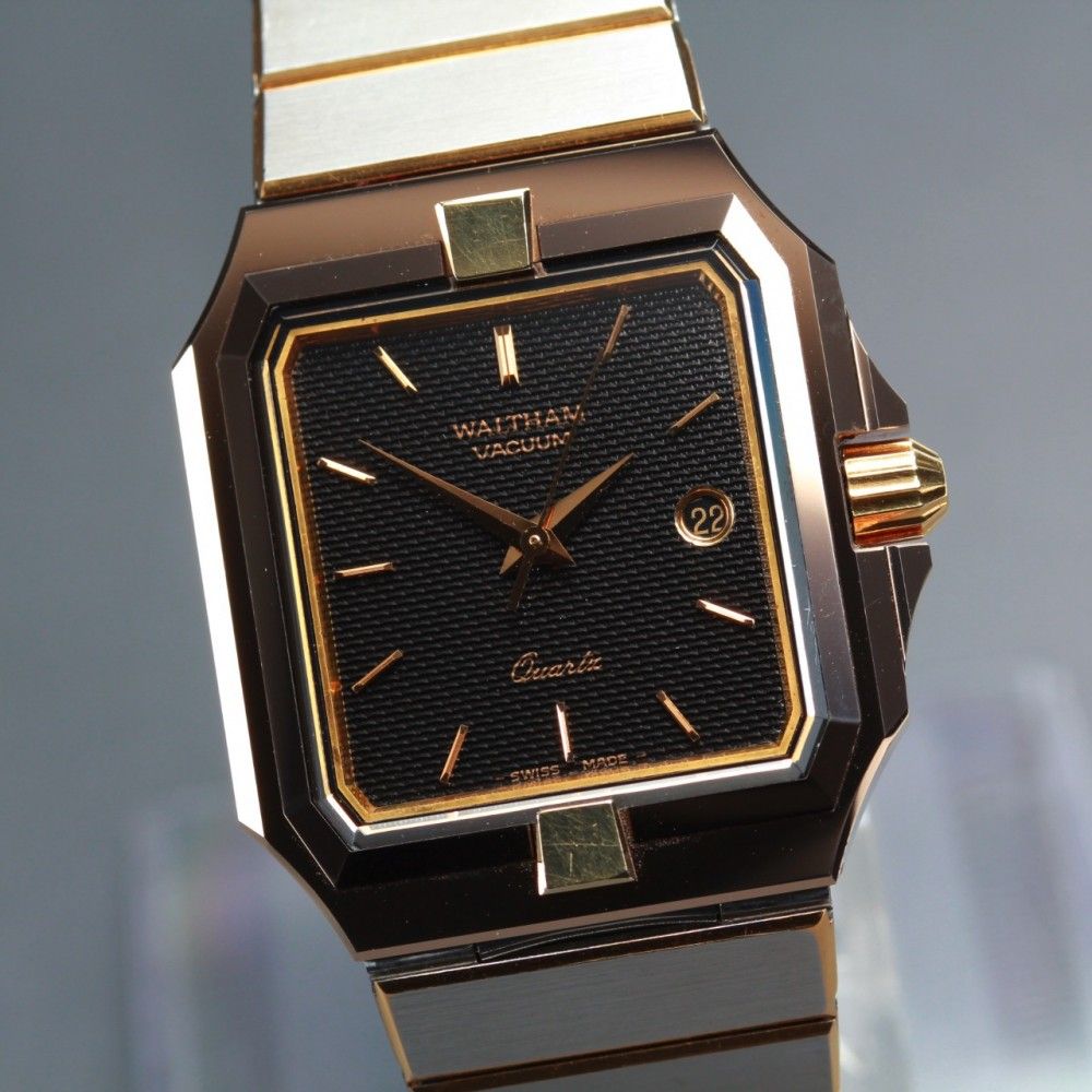 【稼働品】 ウォルサム バキュームクォーツ ブラック シルバー デイト 純正ブレス クオーツ ユニセックス 腕時計 #15747