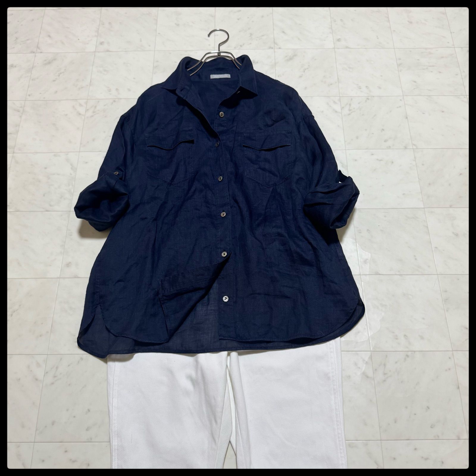theory luxe ウォッシャブル リネンシャツ ネイビー