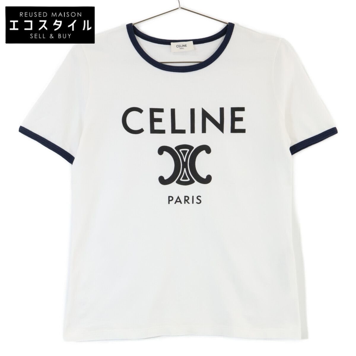 CELINE セリーヌ 2X872671Q オフホワイト×ブラック×ネイビー コットン トリオンフプリント CELINE PARIS Tシャツ XS