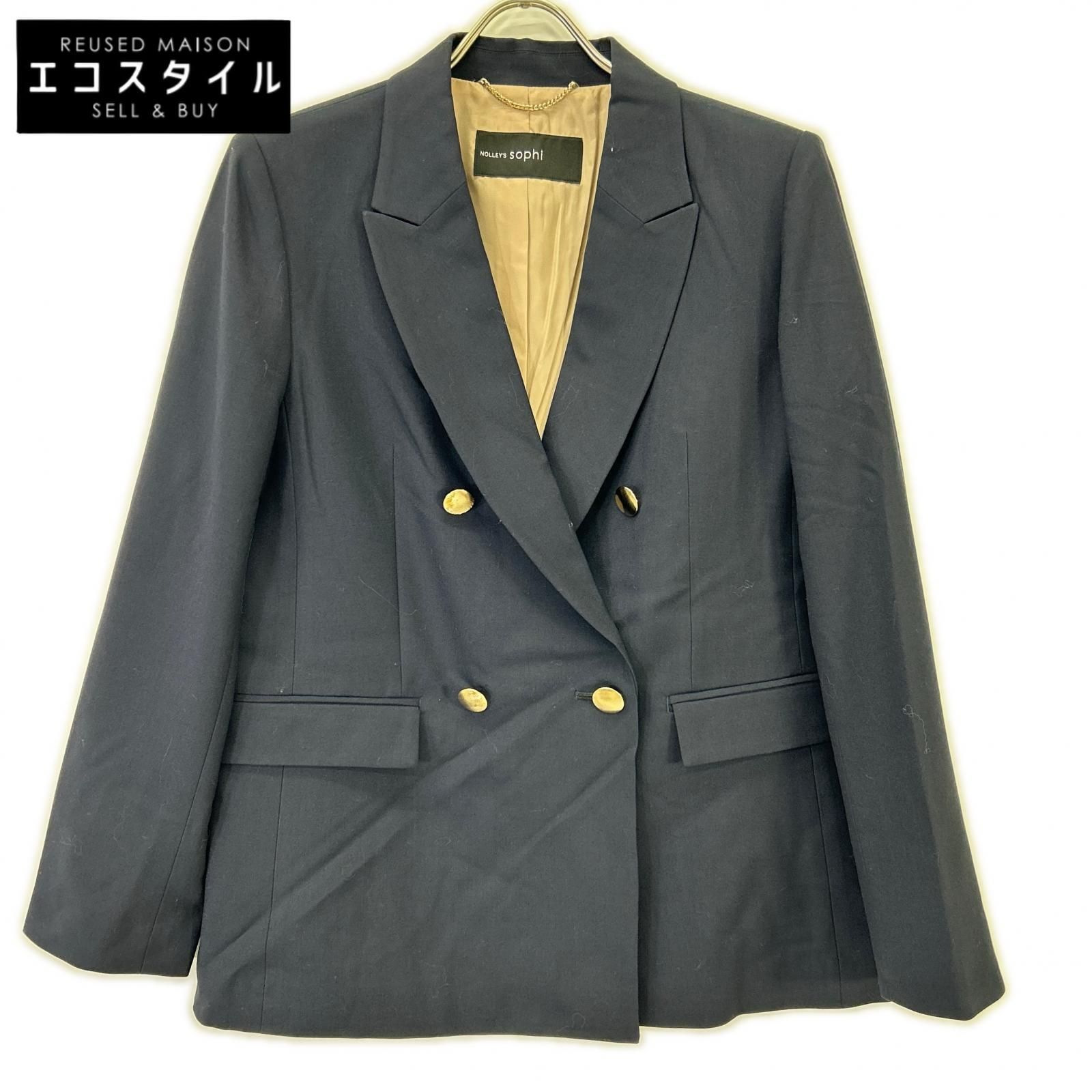 NOLLEY’S sophi　ノーリーズソフィー　24AW ネイビー ウール混ウォッシャブル 金ボタンダブルジャケット　40