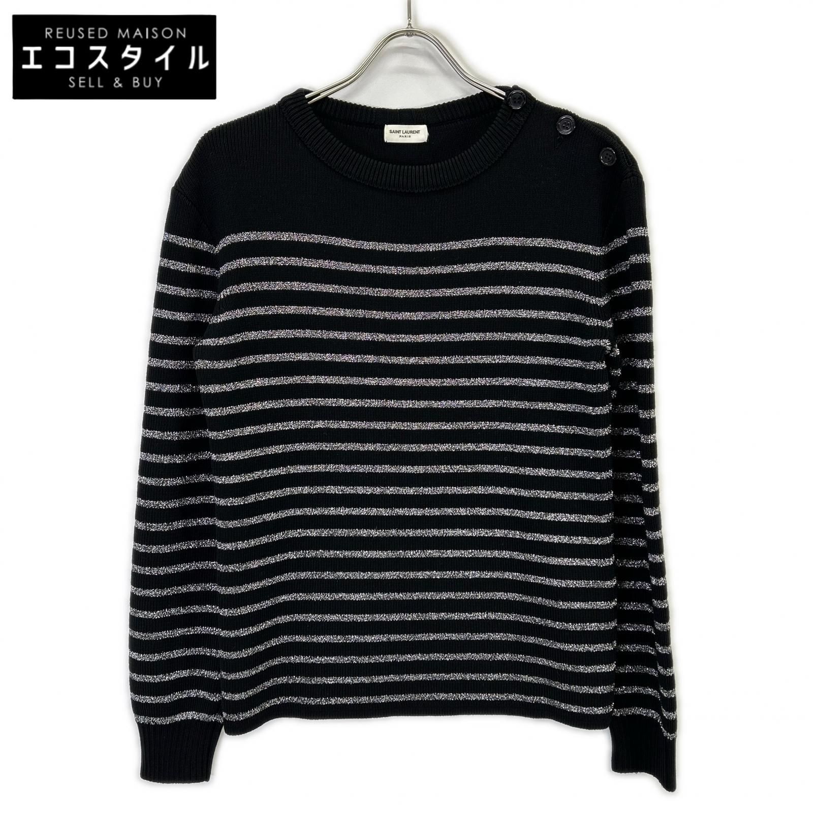 SAINT LAURENT PARIS　サンローランパリ　588078 19年 ブラック ボーダー ショルダーボタン ニット　XS