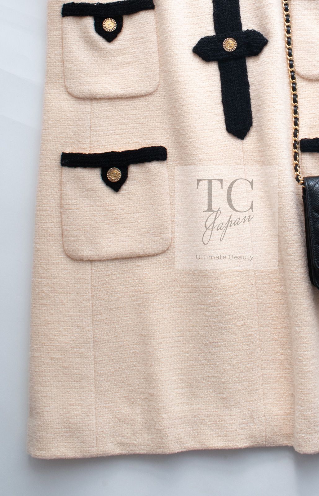 シャネル ワンピース CHANEL クリーム ブラック トリム ココボタン