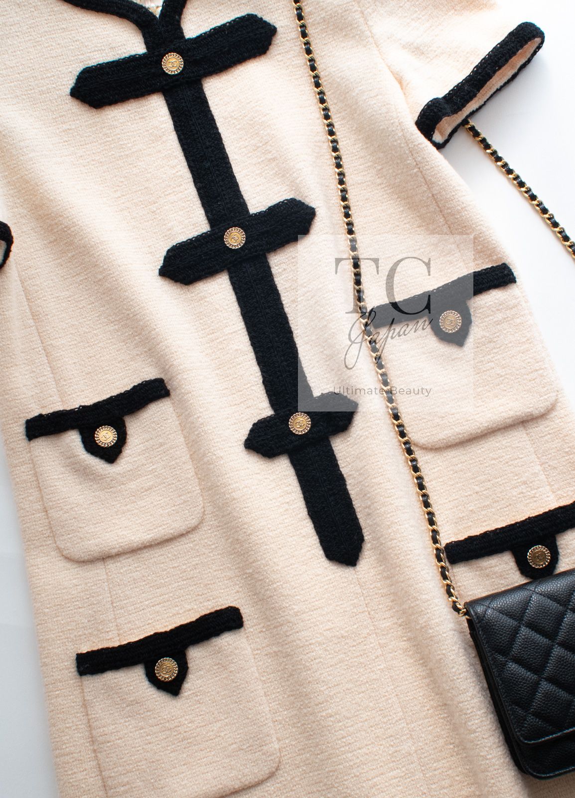 シャネル ワンピース CHANEL クリーム ブラック トリム ココボタン