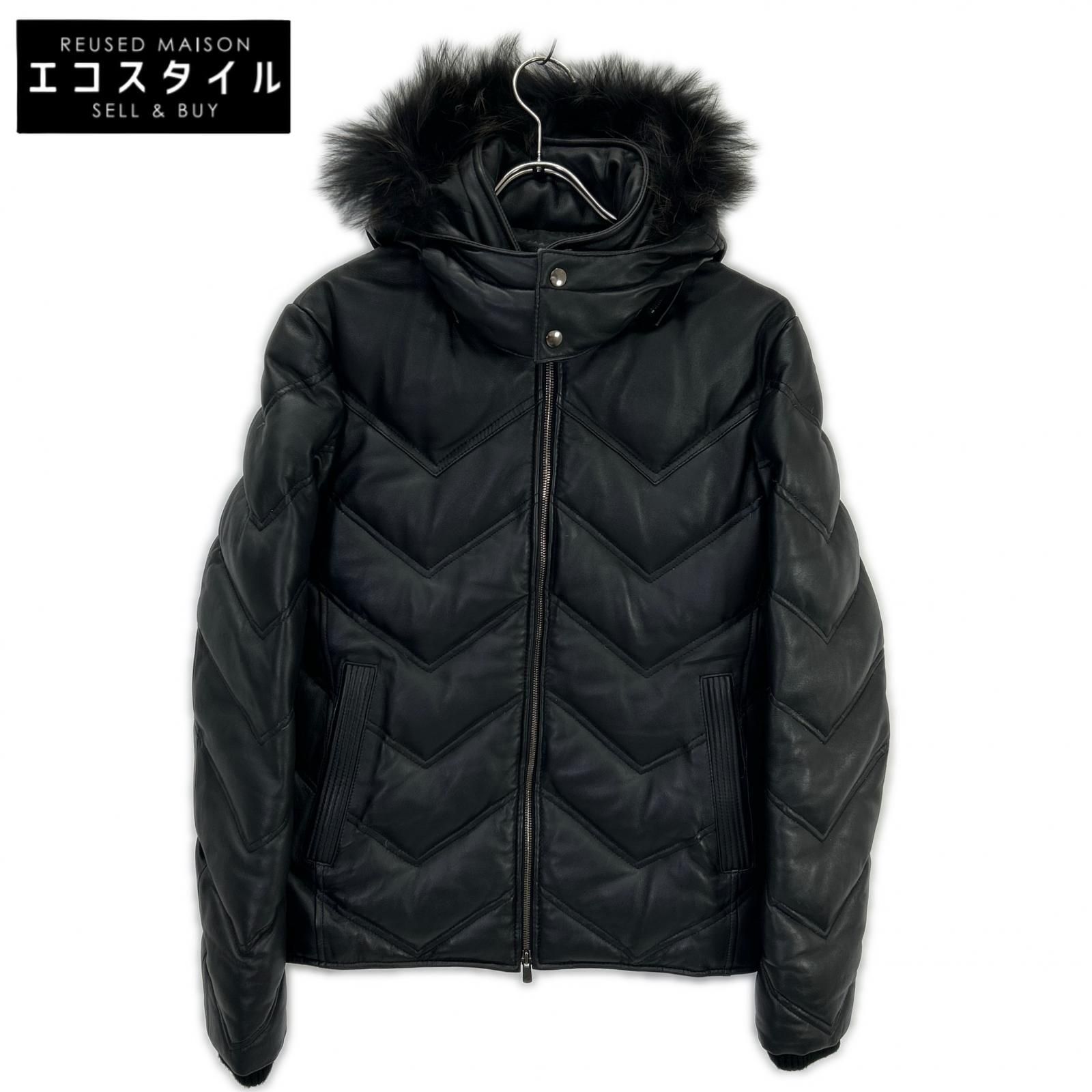 PHILIPP PLEIN　フィリッププレイン　ブラック ラムレザー フーディ ダウンジャケット　48