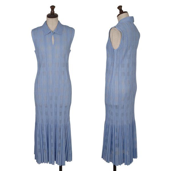 プリーツプリーズPLEATS PLEASE メッシュチェック消しプリーツフレアワンピース 水色3