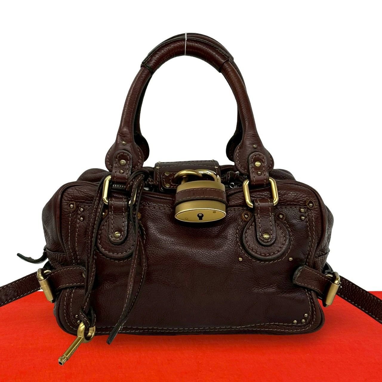 極 美品 Chloe クロエ パディントン ロゴ 刻印 パドロック 金具 レザー 本革 ハンドバッグ ミニ ボストンバッグ ブラウン 茶 14725