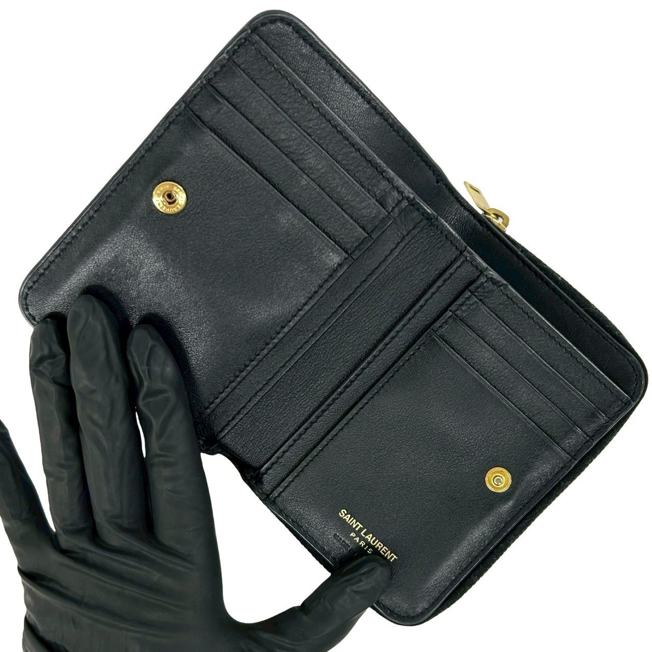 極 美品 SAINT LAURENT サンローラン YSL カサンドラ ロゴ レザー 本革