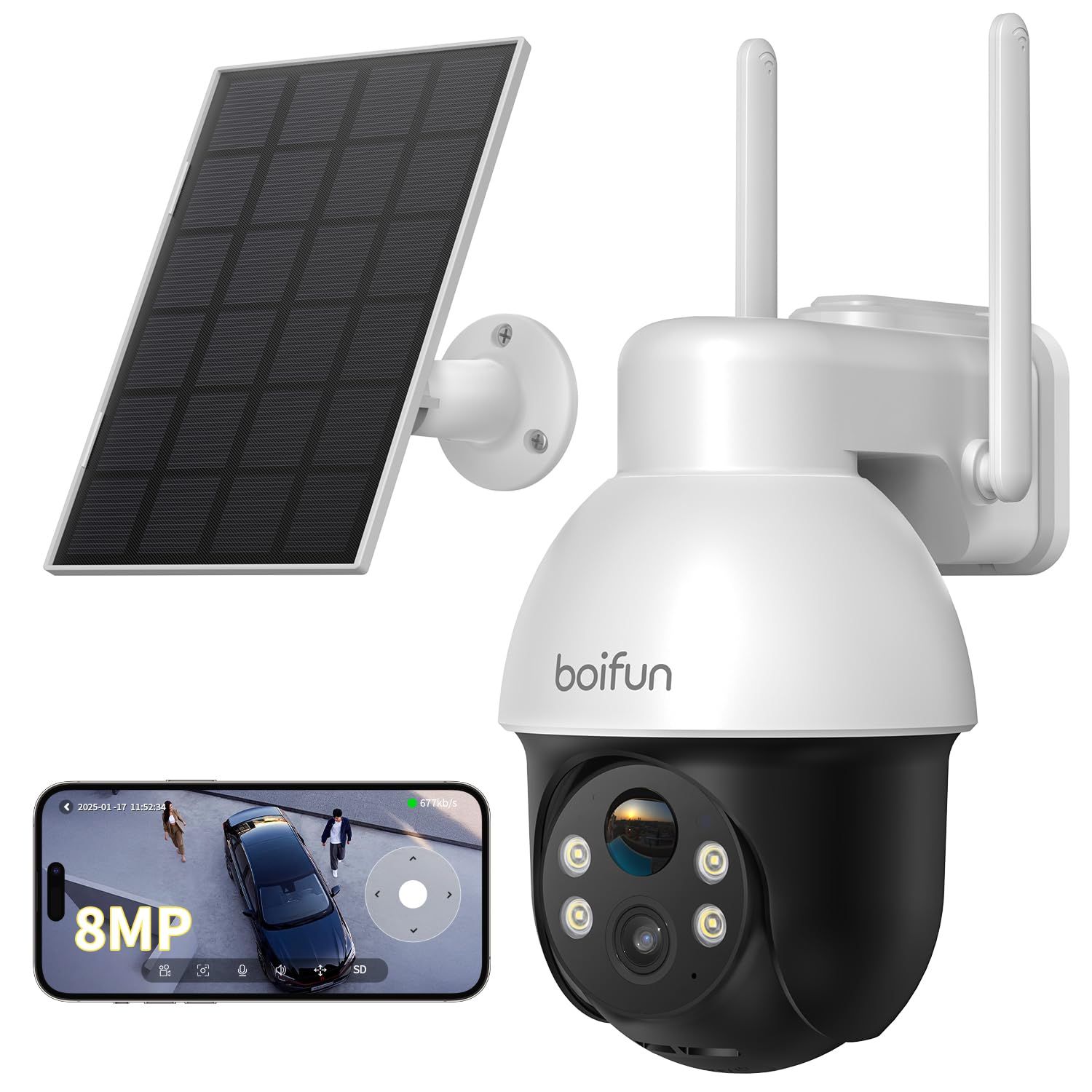 【業界最高性能・4K対応・10000mAhバッテリー】BOIFUN 800万超高画素超鮮明 防犯カメラ 屋外 ソーラー 2.4GWiFiとWiFi6 360度PTZ 15m暗視 広範囲をカバー 電池式防犯カメラ ソーラーパネルと大容量バッテリ 2d158d5d