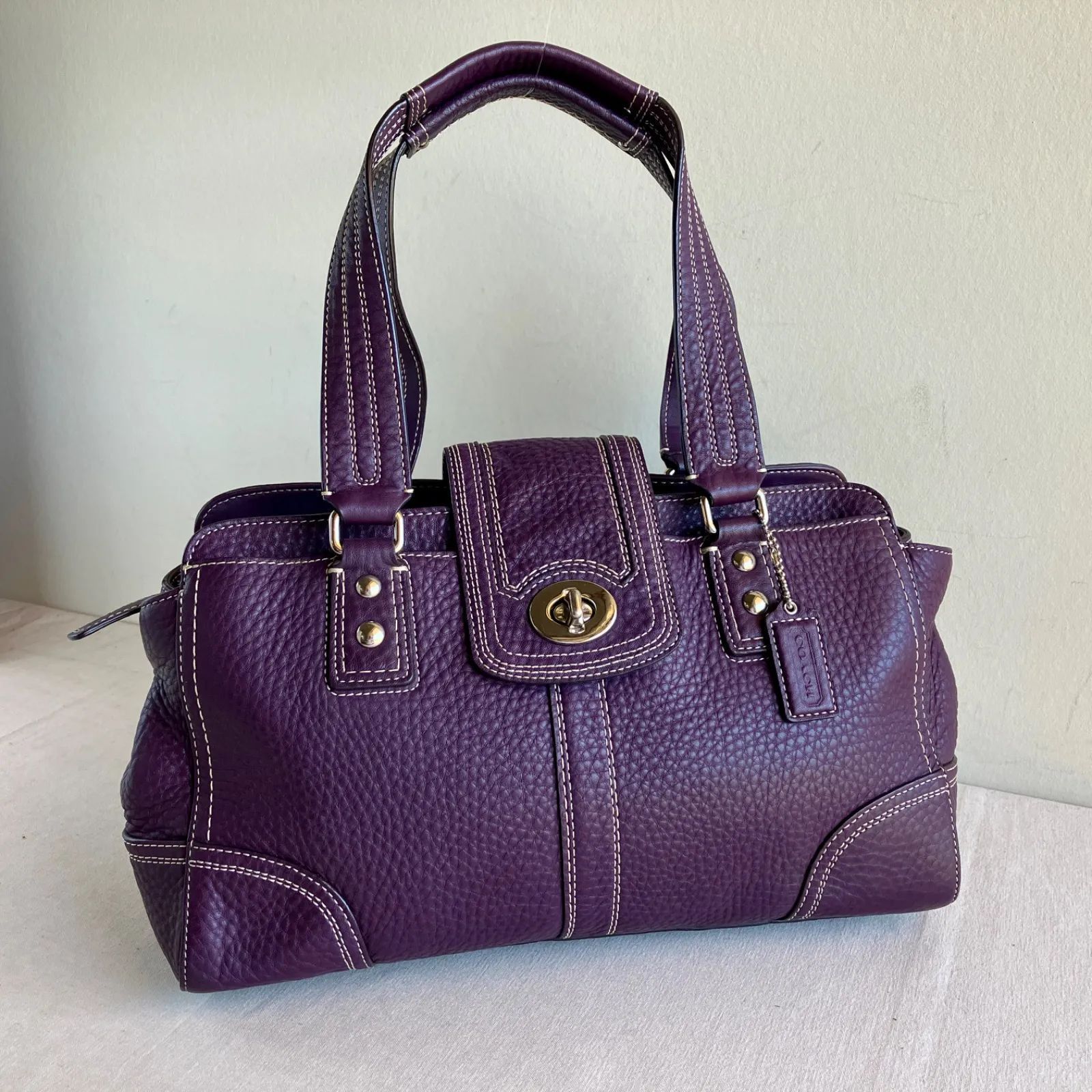 Vintage Coach Hamptons Purple Pebbled Leather Turnlock Satchel Carryall Bag