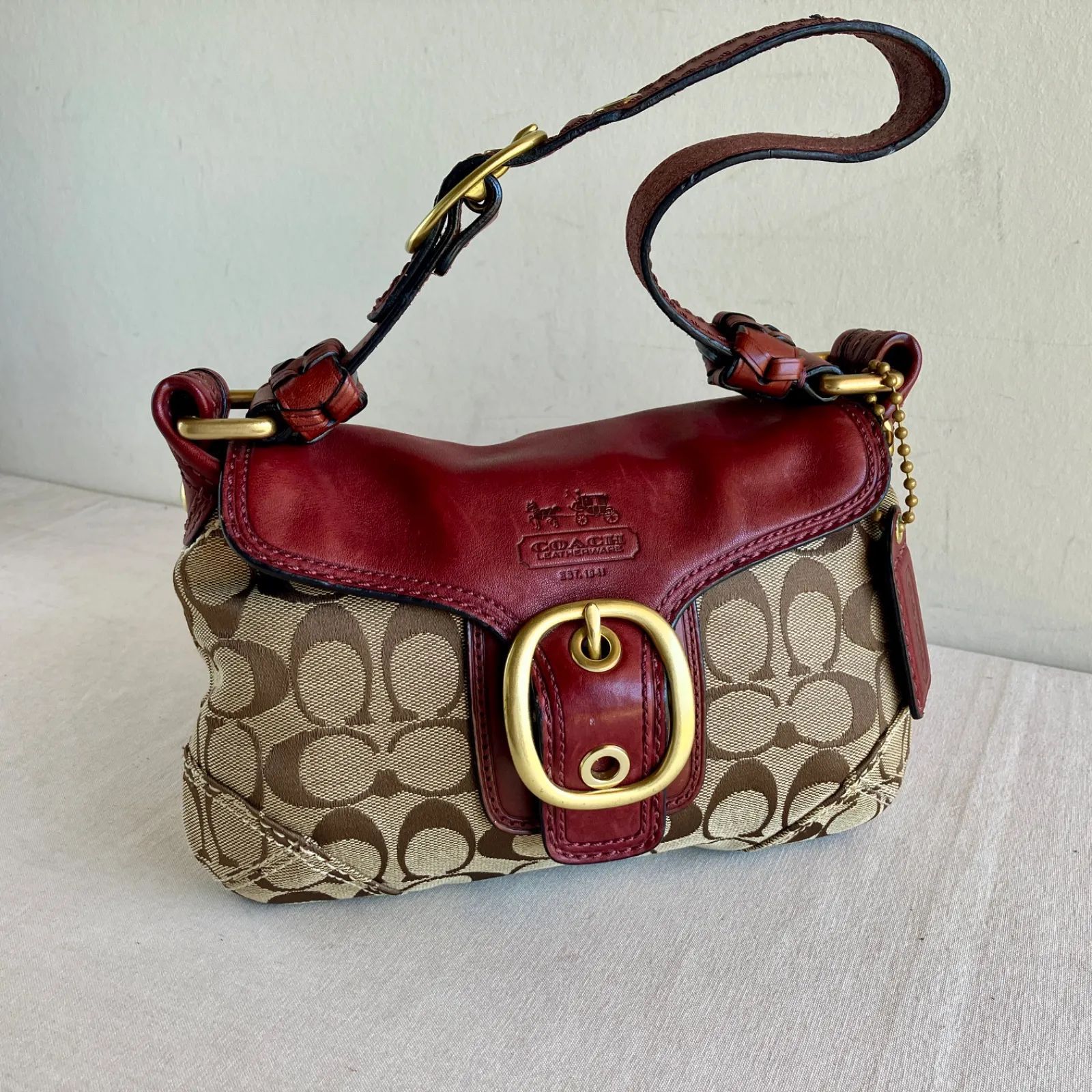 Vintage Coach Bleecker Signature Flap Shoulder Bag Khaki Wine Brass Y2K