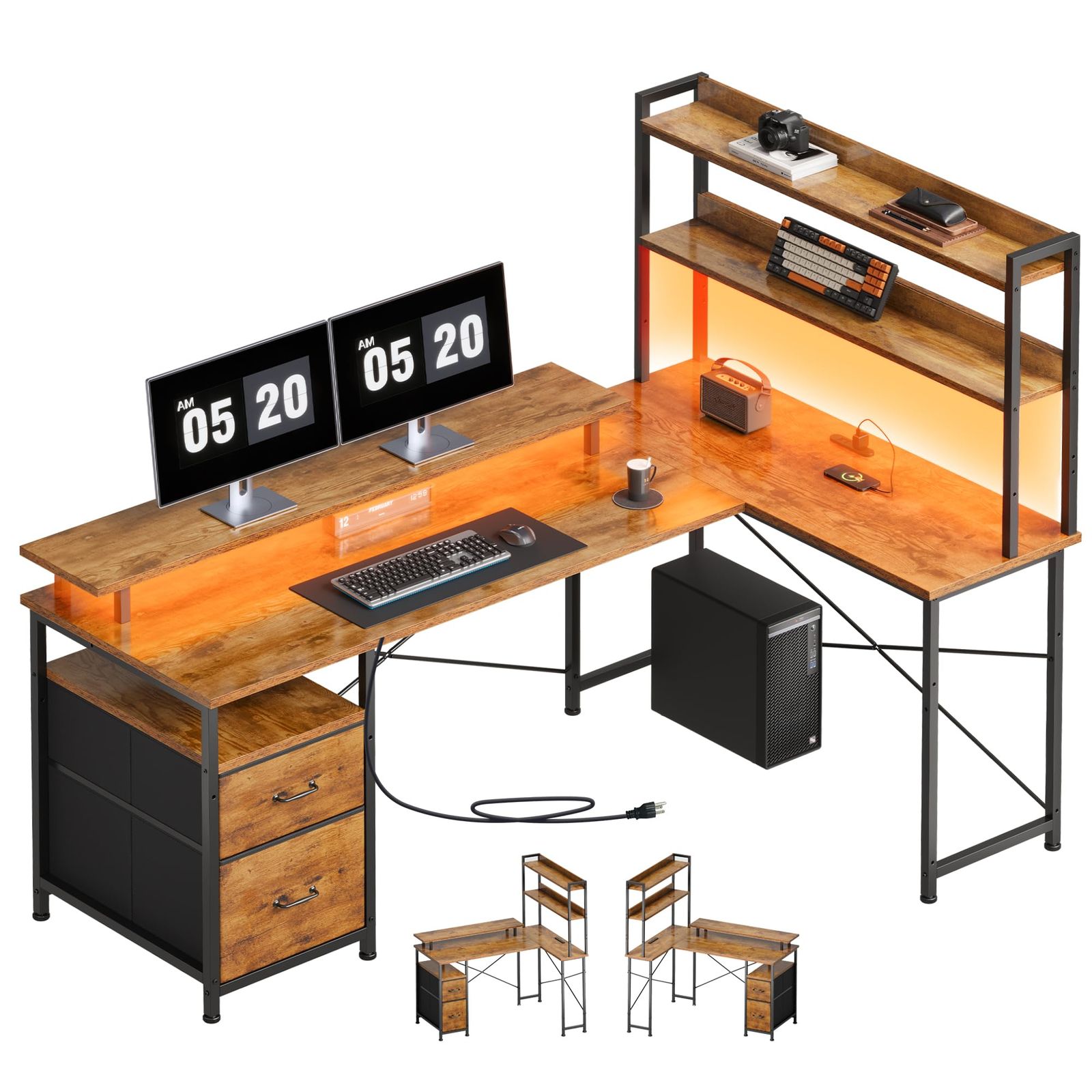 ★新品★Maihail l字デスク 机 pcデスク desk ?子 パソコンデスク コンパクト 家具 table 学習机 引き出し付き 上収納棚付き ワークデスク 幅120*奥行80cm ピンテージ+ピンテージ