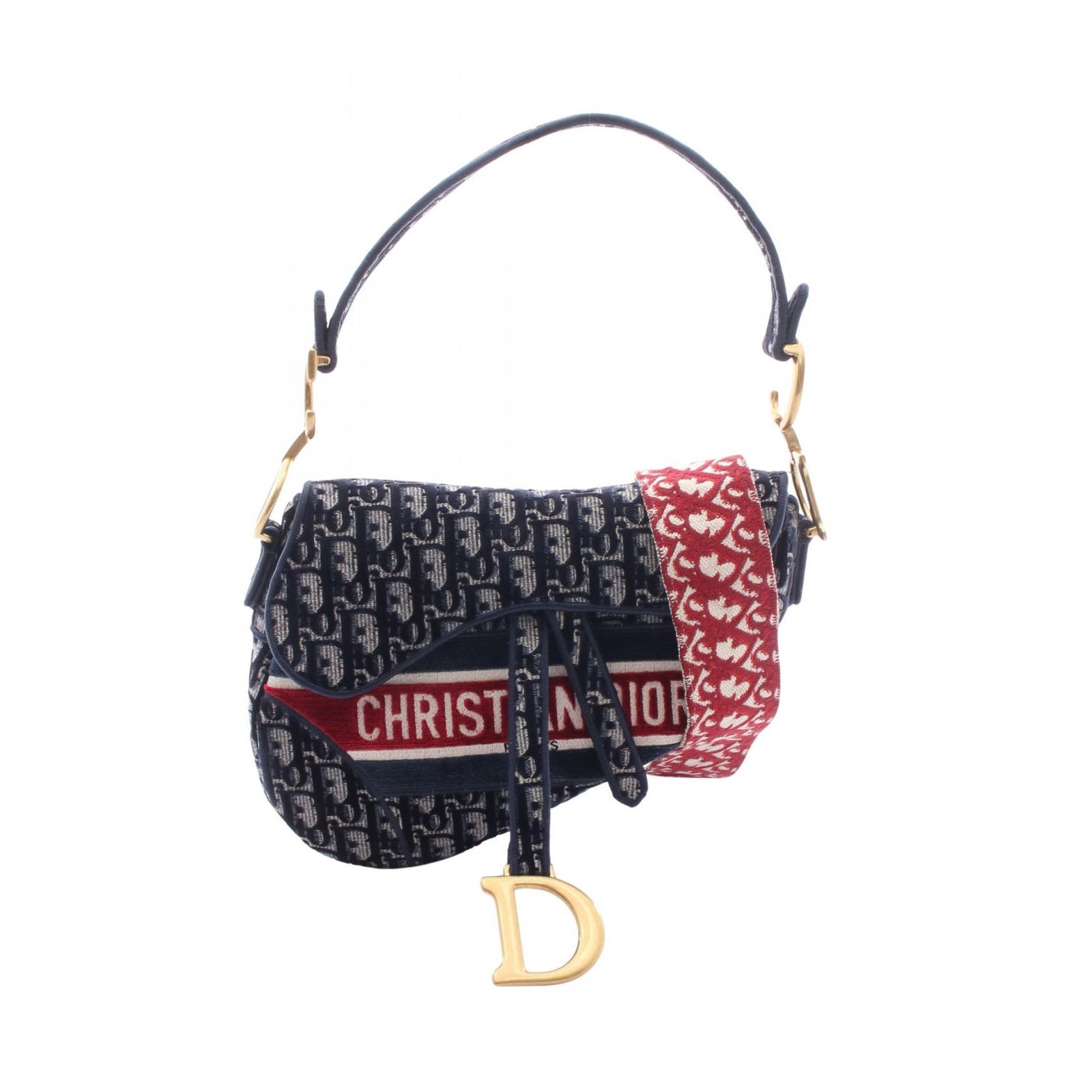 ディオール Dior ハンドバッグ SADDLE サドル オブリーク 2WAY ネイビー/ワインレッド ファブリック オブリーク サドルバッグ レディース Used A
