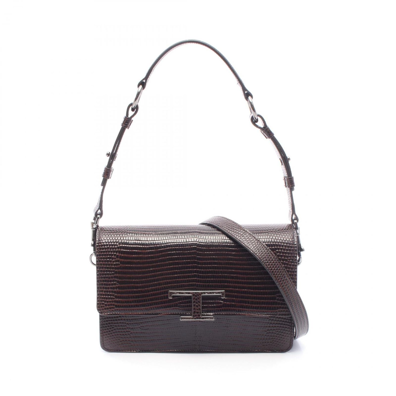 トッズ TOD'S ショルダーバッグ Tタイムレス ミニ リザード型押し 2WAY ダークブラウン レザー Tタイムレス ショルダーバッグ レディース Used A
