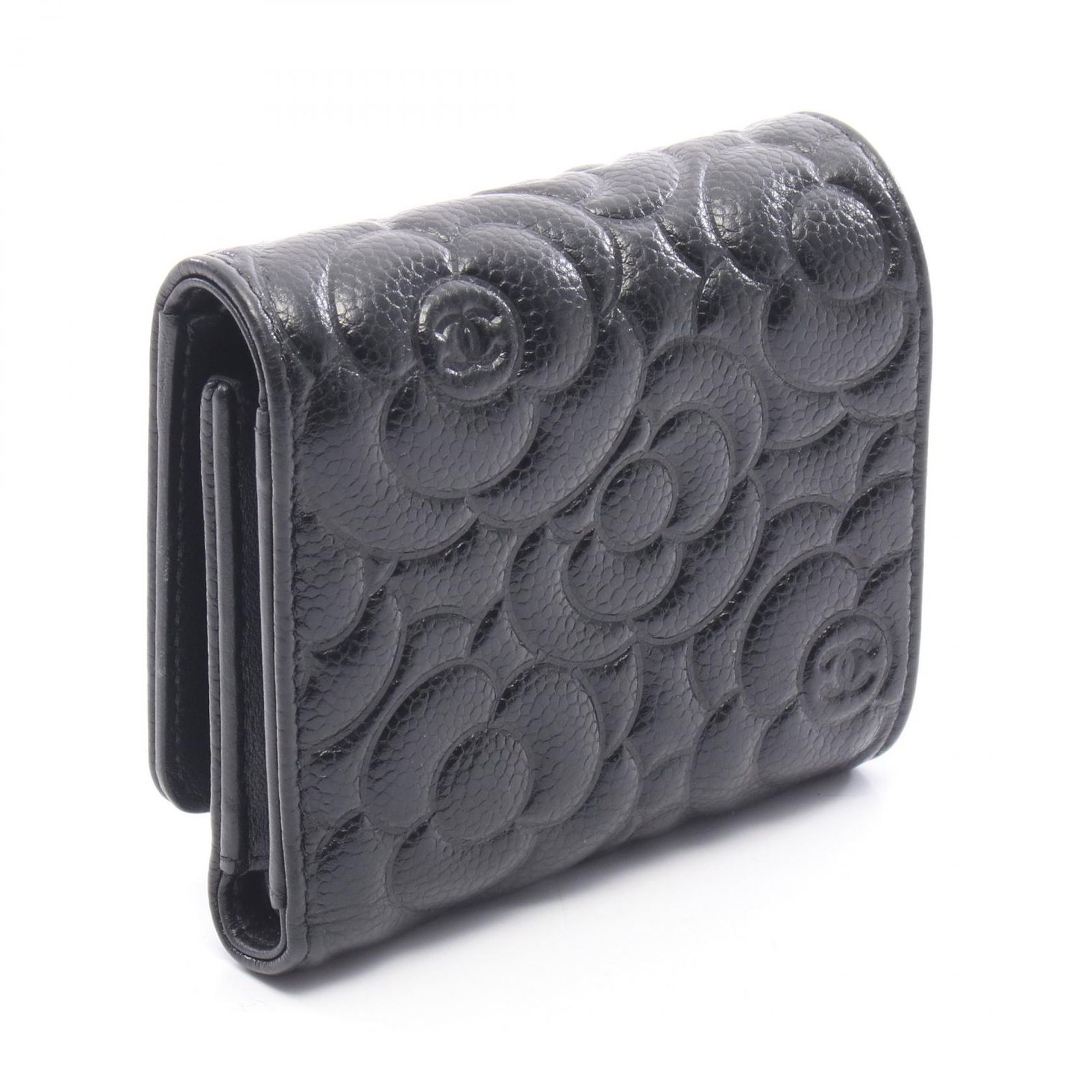 シャネル CHANEL 三つ折り財布 カメリア ブラック レザー カメリア 三