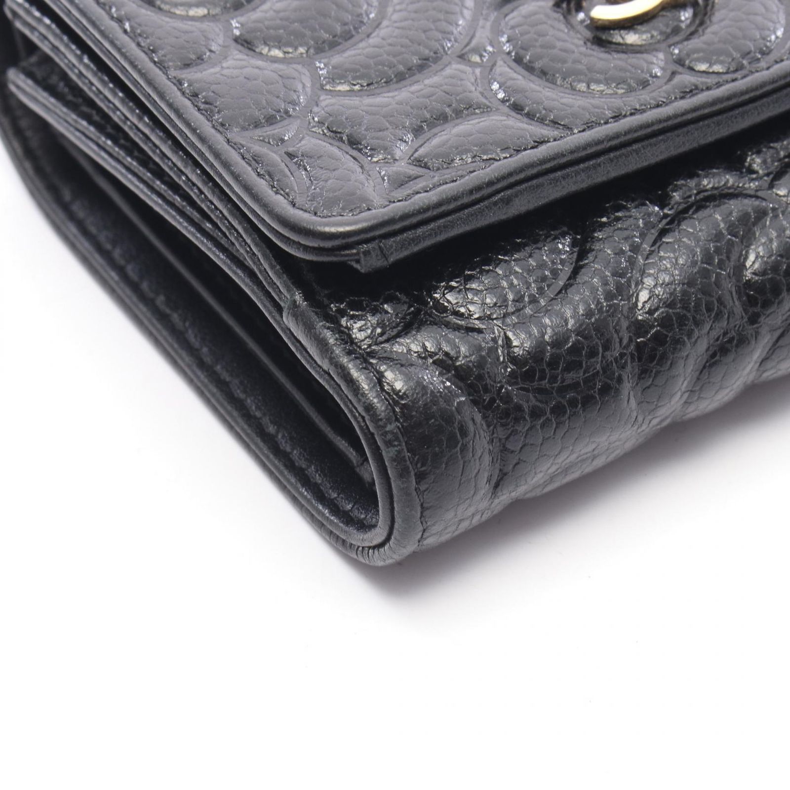 シャネル CHANEL 三つ折り財布 カメリア ブラック レザー カメリア 三