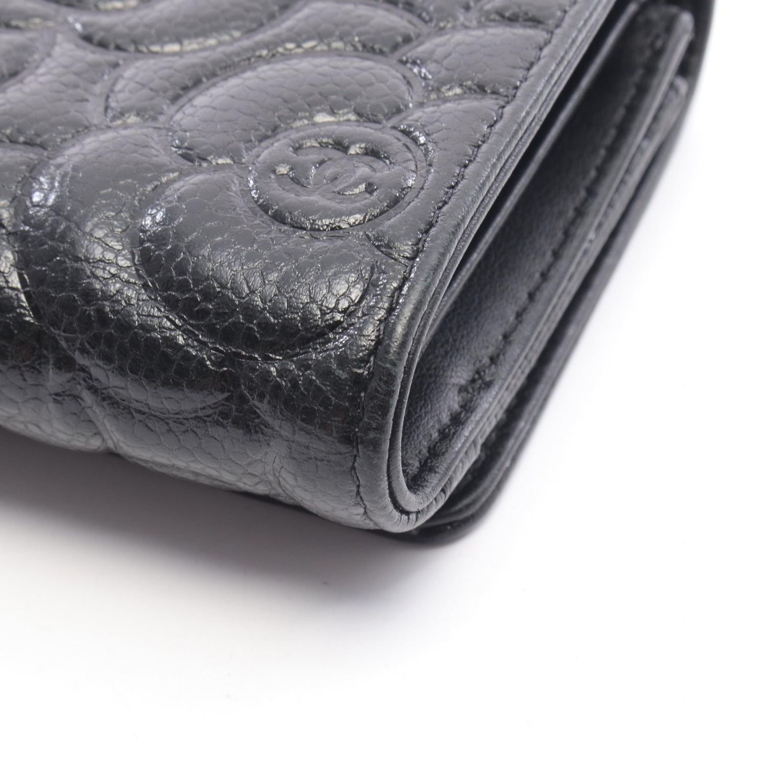 シャネル CHANEL 三つ折り財布 カメリア ブラック レザー カメリア 三