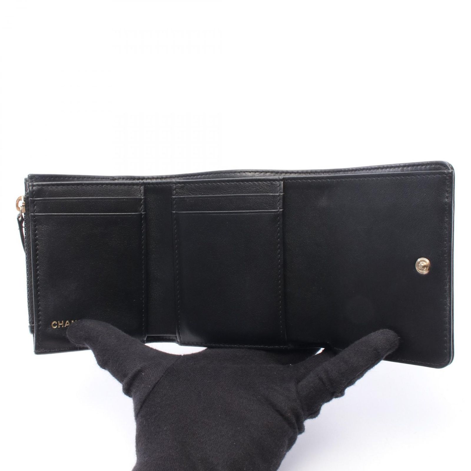 シャネル CHANEL 三つ折り財布 カメリア ブラック レザー カメリア 三