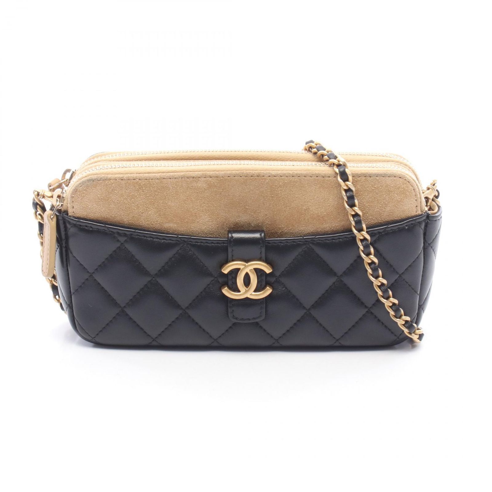 シャネル CHANEL ショルダーバッグ マトラッセ フォンケース AP4743 ブラック/キャメル ラムスキン（羊革） スウェード マトラッセ フォンケース チェーンウォレット