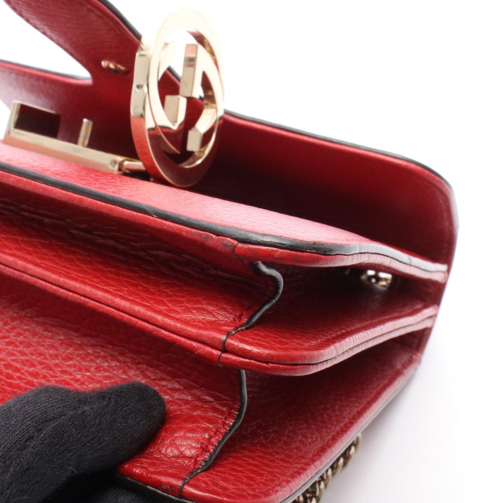 グッチ GUCCI ショルダーバッグ インターロッキングG 510304 レッド レザー インターロッキングG チェーンショルダー レディース Used B｜詳細画像