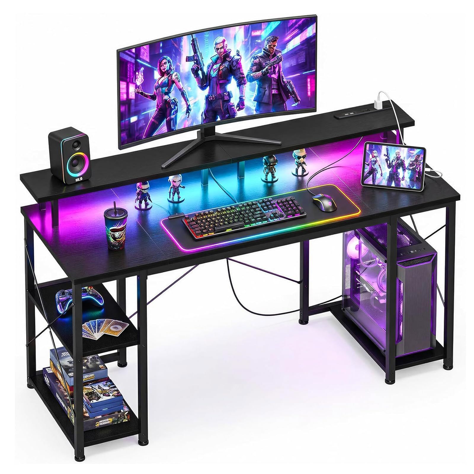 【訳アリ】AODK ゲーミングデスク パソコンデスク コンセント&LED付き 机 pcデスク 幅120cm 両側ラック&モニター台付き 勉強机 ゲームデスク computer desk ワークデスク オフィスデスク 長机 左右入れ替え対応 ブラック